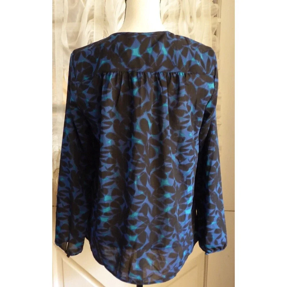NWT J Crew Women Sheer Blouse Floral Blue Black Long sleeve Relax Fit